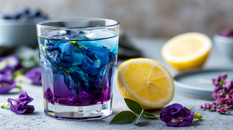 What is Butterfly Pea Flower Tea? A Complete Guide fresh blue butterfly pea flower infused water turning purple with lemon juice in elegant glass, exotic health drink concept, natural beverage photography, blurred neutral