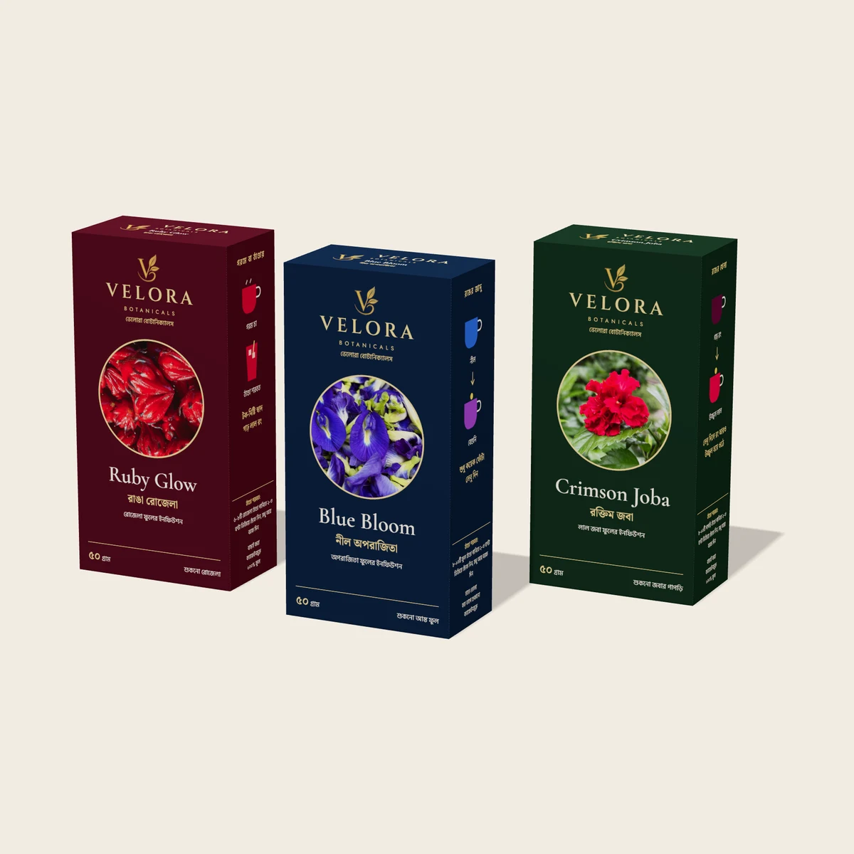 Velora 3-box collection: Blue Bloom, Ruby Glow and Crimson Joba